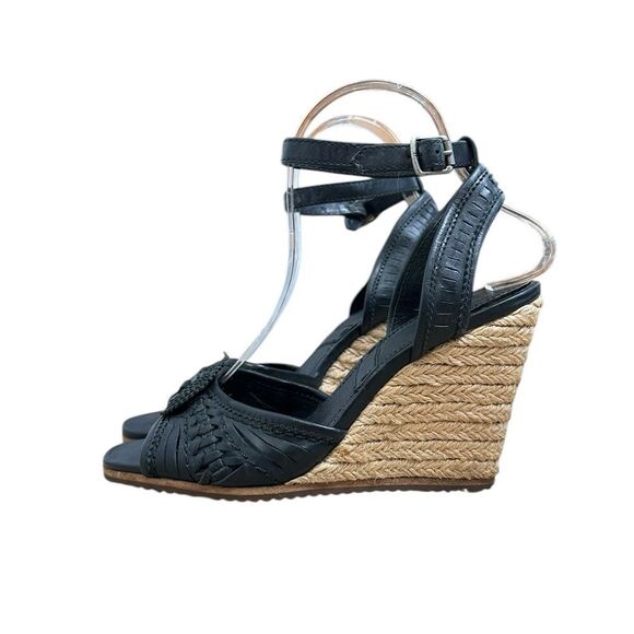 FRYE Patricia Concho Black Leather Espadrille Wedge Sandals | Size 7 - Picture 4 of 12